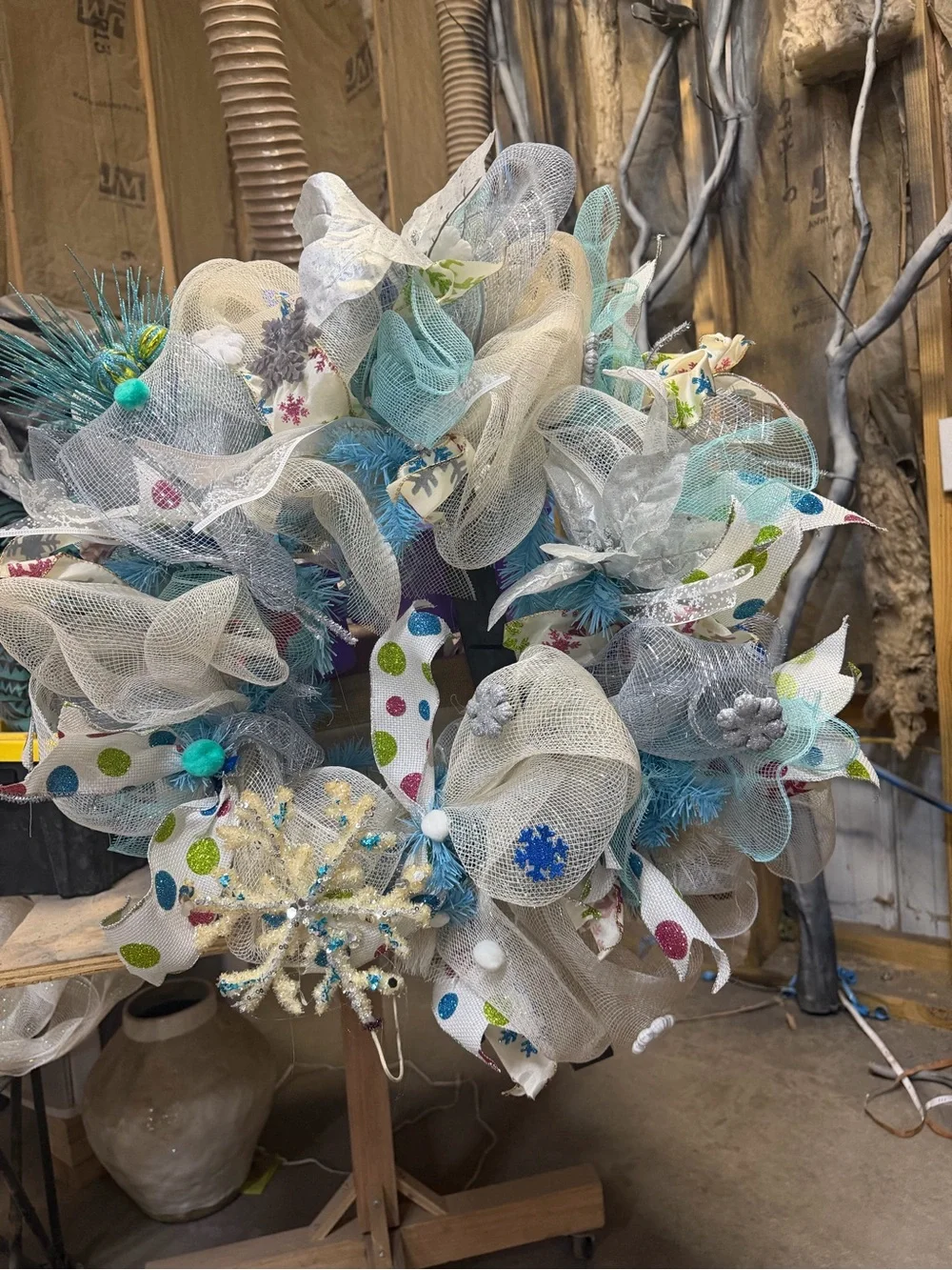 White & Teal Holiday Mesh Wreath with Snowflake Accents